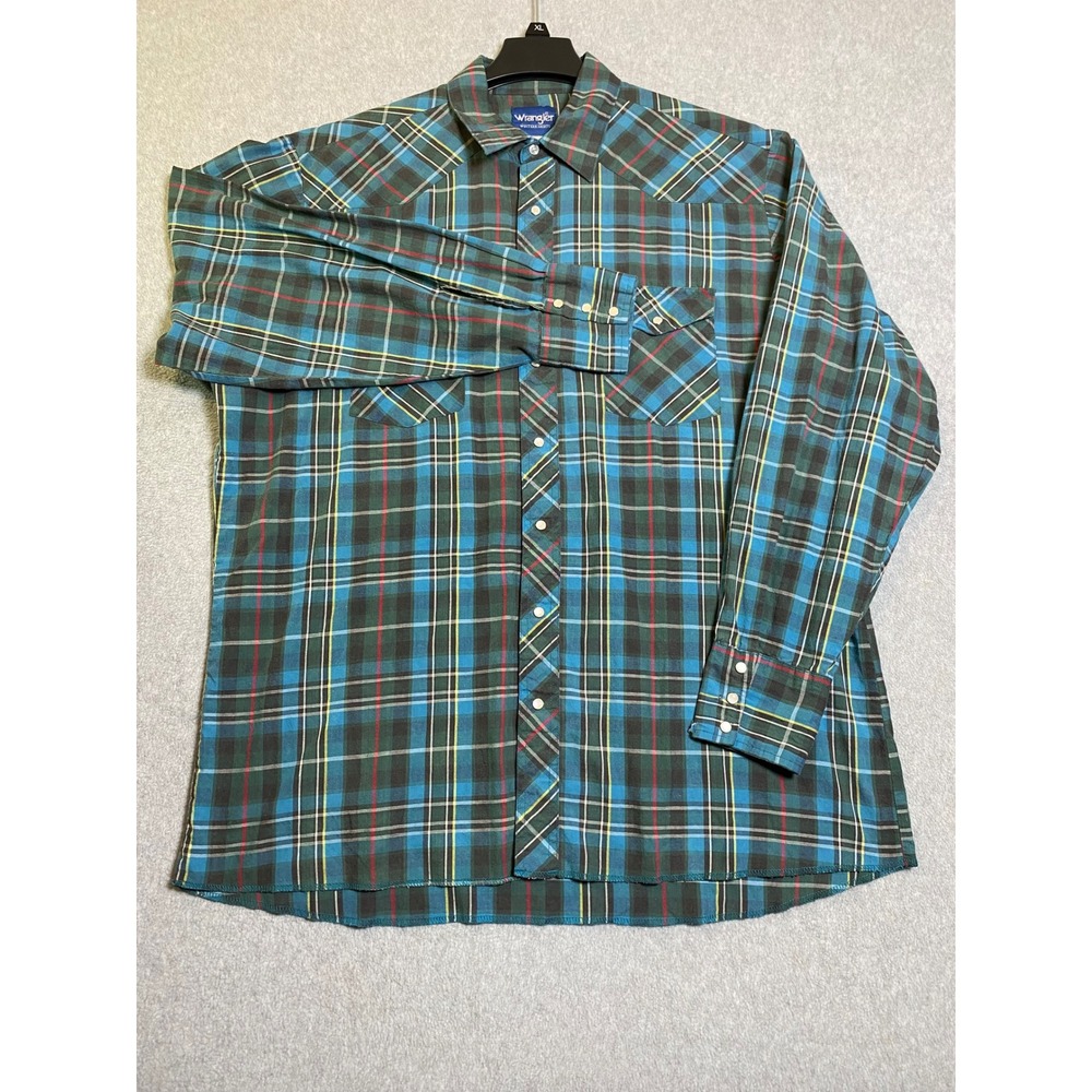Wrangler Western Shirt Men's XL Blu Plaid Pearl Snap Cowboy Rodeo Top EUC